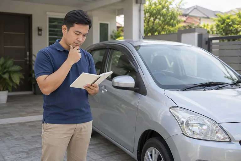 Pelanggan berbaju polo meneliti buku catatan kosong di sisi kereta perak di halaman kediaman.